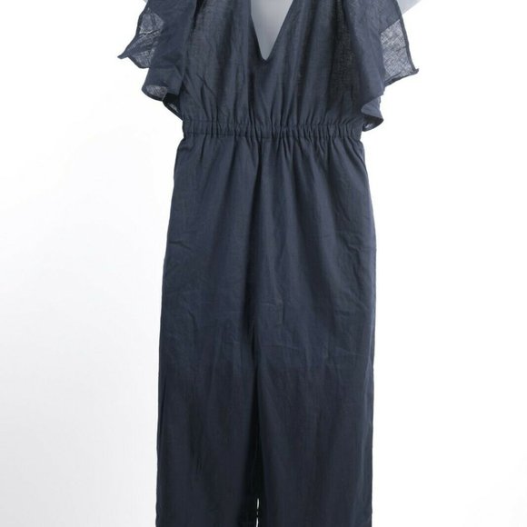 Zara Womens Rustic Jumpsuit Pants Linen Navy Blue - Picture 6 of 8